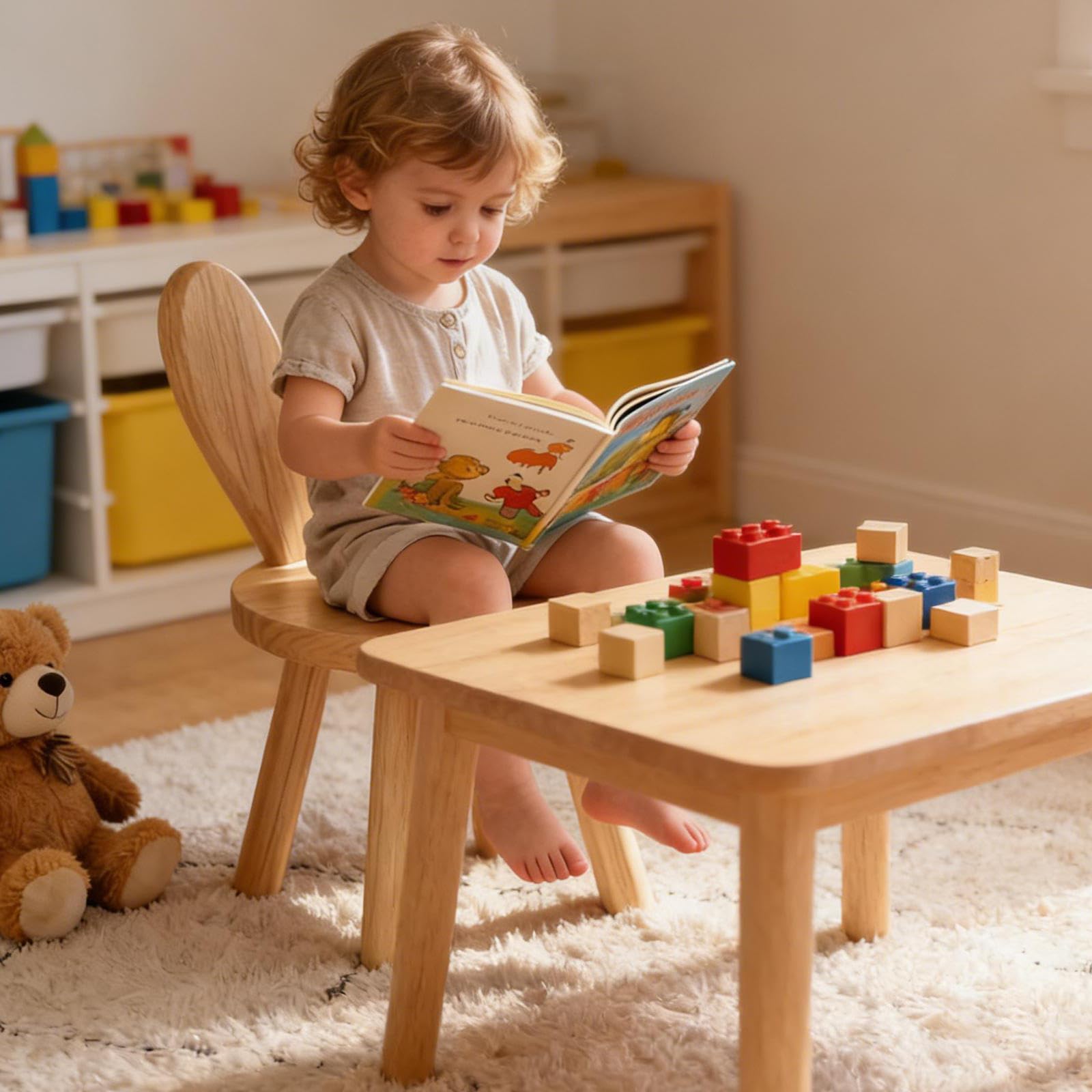 Kinderstuhl Holz mit Hasenohren, Massivholz Kinderstuhl ab 3–6 Jahren, 25 cm Sitzhöhe, rutschfest & stabil, niedlicher Stuhl für Kleinkinder & Vorschulkinder im Kinderzimmer
