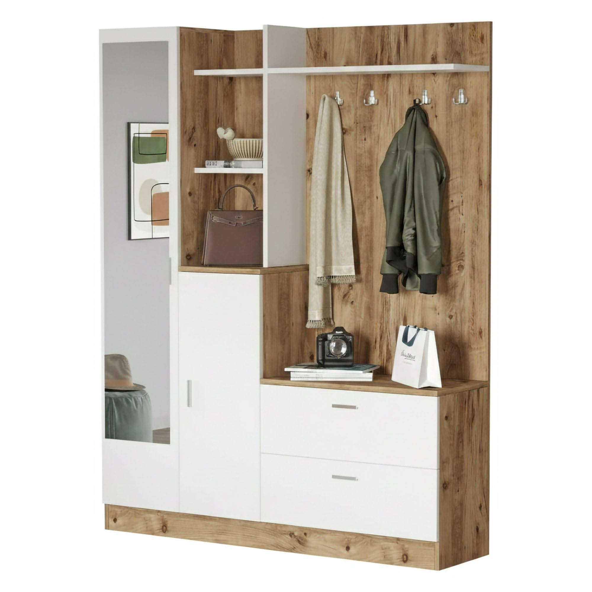 Dmora Mobile da Ingresso Homam, Entratina Appendiabiti, Composizione per atrio, Consolle portaoggetti Multifunzione, 140x37h182 cm, Quercia e Bianco