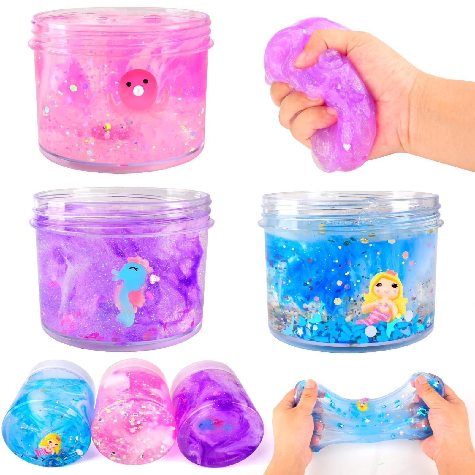 3 Pack Clear Slime Kit, Scented Party Favors for Girls Boys, Crystal Slime with Cute Charms Super Soft Stress Relief Toys for Kids Christmas Stocking StuffersCarbonfree Certified