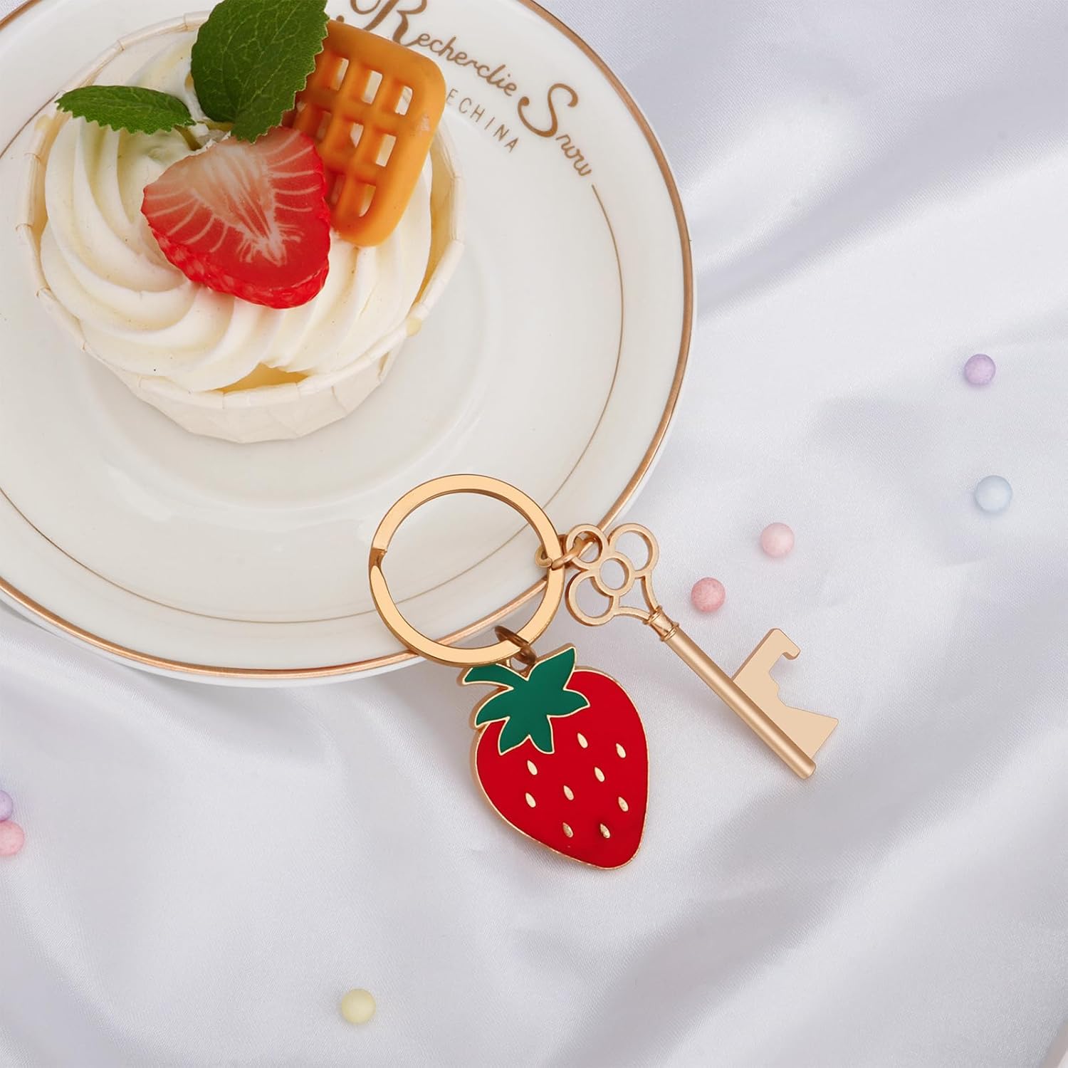 50Set Strawberry Bottle Opener Baby Shower Return Favors for Guest Strawberry Keychain Decorations with Thank You Tags Organza Bags for Baby Shower Gender Revel Party Souvenirs