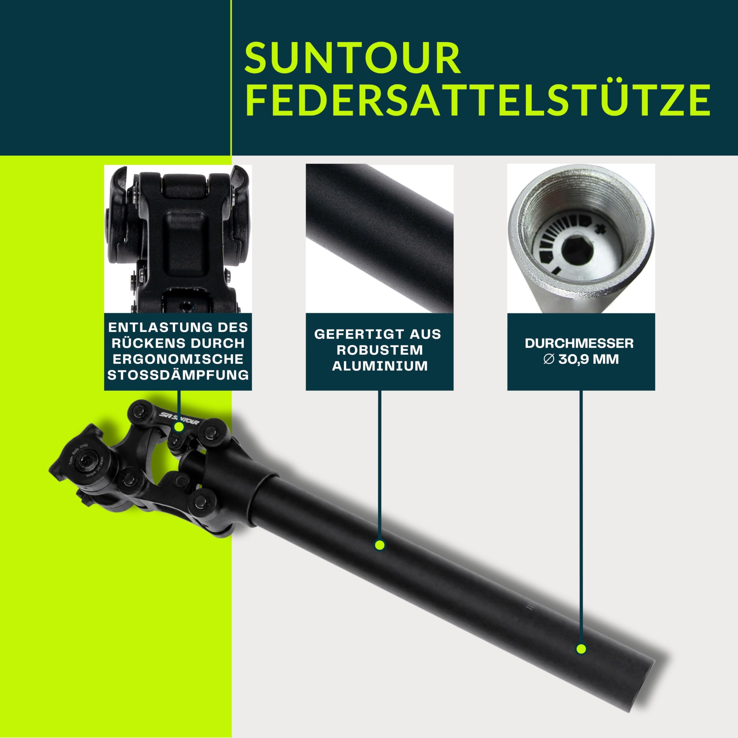 Suntour SP26-NVX Parallelogramm-Federsattelstütze, gefederte Aluminium Sattelstütze, schwarz, stoßdämpfend, perfekt für Trekking, City (Ø 30,9 mm x 350 mm, Soft Spring (unter 75 kg Fahrergewicht))