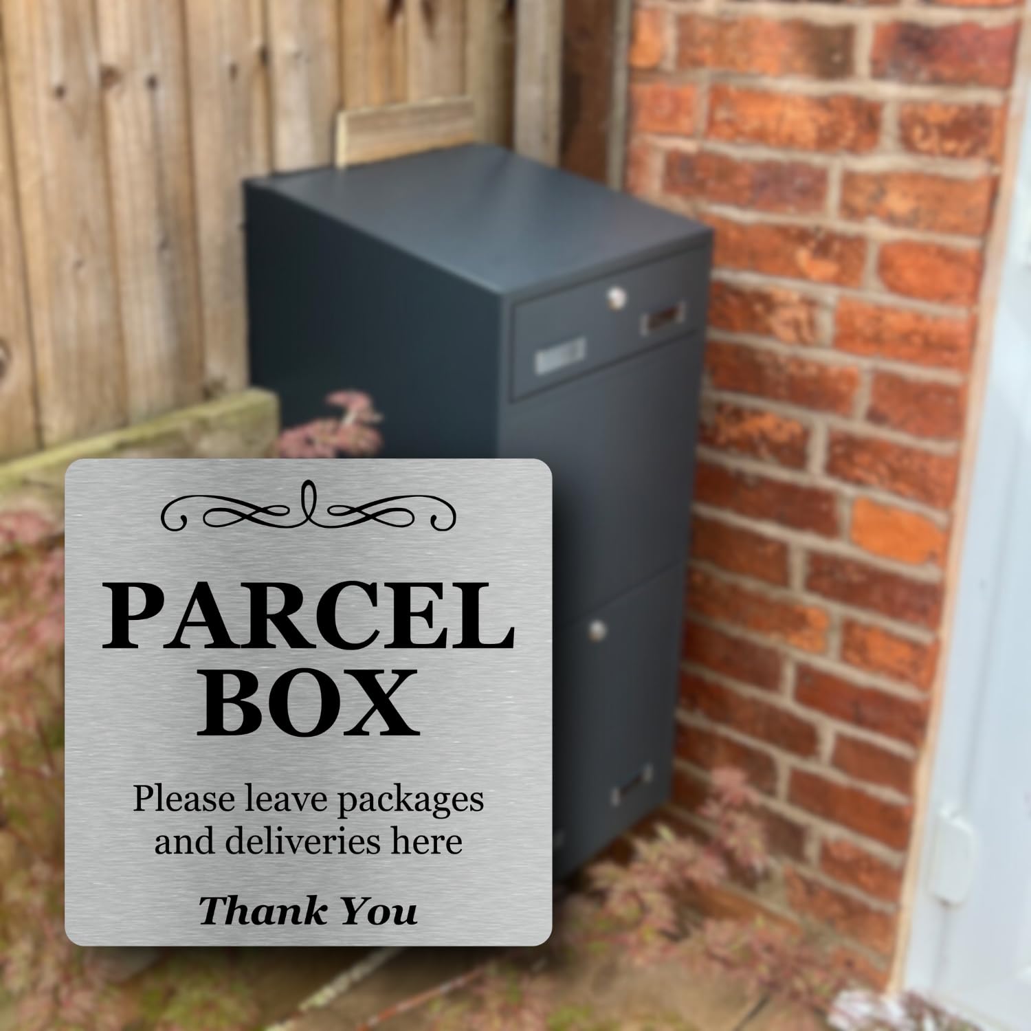 Parcel Box Sign - Please Leave Packages and Deliveries Here - Metallic Silver UV Printed Aluminium Self-Adhesive Sign for Delivery Staff - Indoor