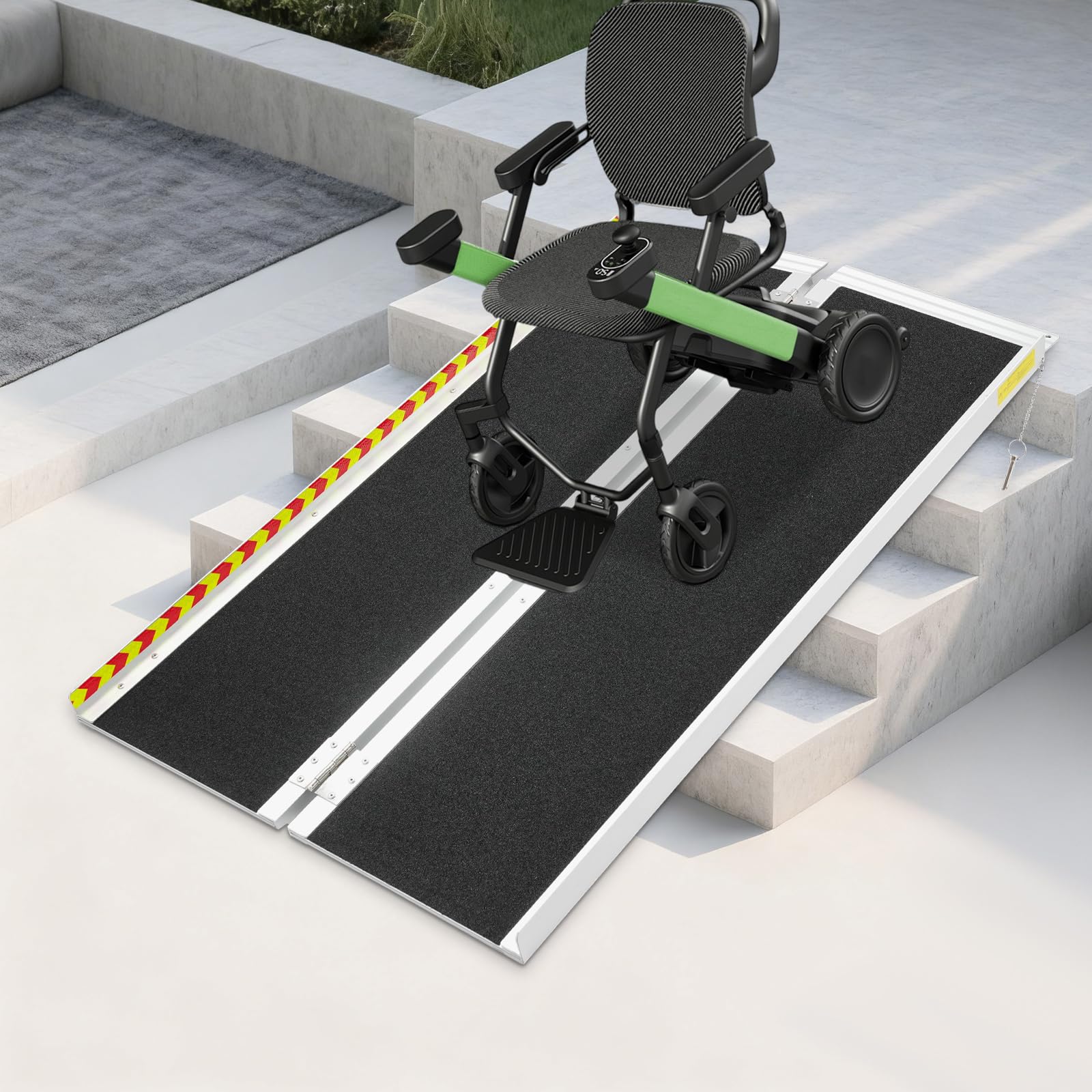 Rampa plegable para silla de ruedas, rampa portátil de aluminio con rieles laterales y carga máxima de 272 kg para escaleras, escaleras, puertas, ruedas de movilidad 72 x 122 cm