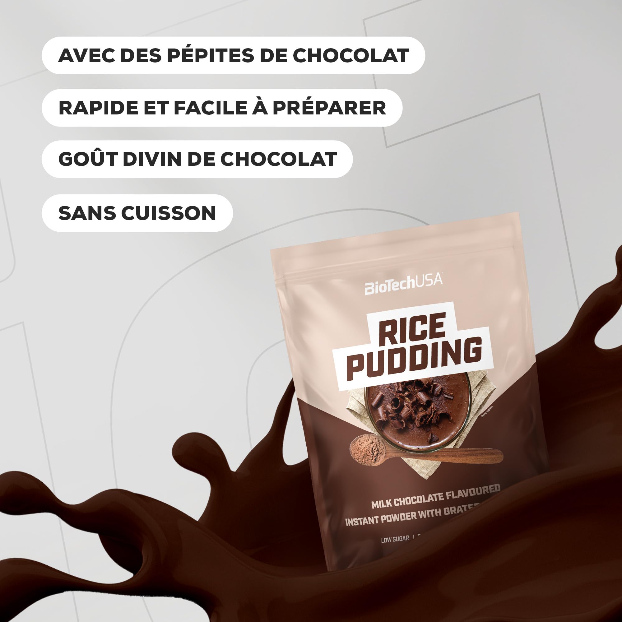 BioTechUSA Rice Pudding | Poudre de riz instantané | Avec pépites de chocolat râpées | Faible teneur en sucre | Sans gluten, 1000 g, Chocolat au lait