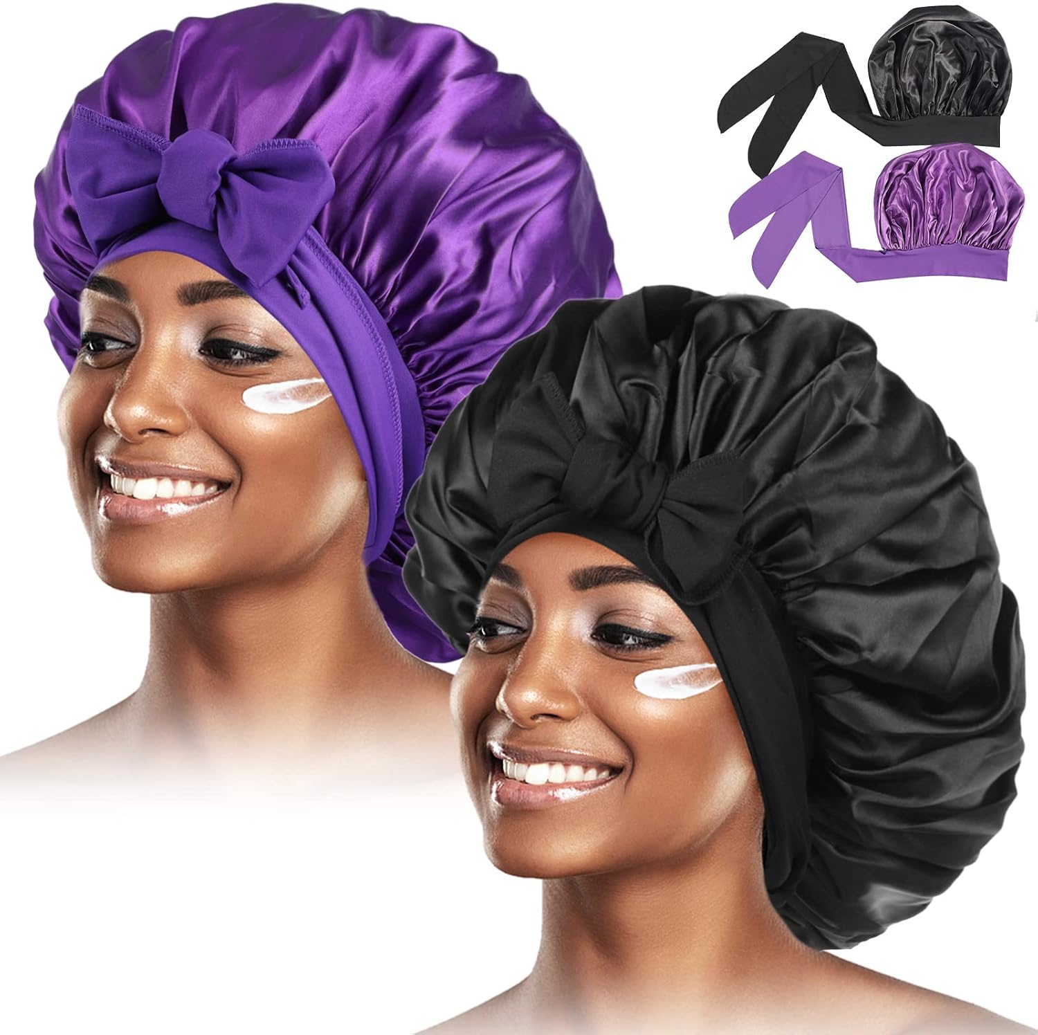 Siyah Kadınlar için 2 Adet Saten Bonnet, Saten Saç Kravat Bonnet, Kıvırcık Saç İpeksi Bonnet, Baş Eşarp Wrap Saç Bonnet Kravat Bandı ile