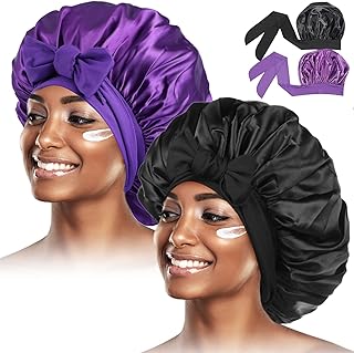 2Pcs Satin Bonnet for Black Women,Satin Hair Tie Bonnet,Jumbo Curly Hair Silky Bonnet,Soft Head Scarf Wrap Hair Bonnet wit...