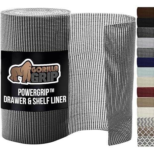 GORILLA GRIP powerGRIP Drawer Shelf and Cabinet Liner, Thick Strong Hold, Non-Adhesive Liners Protect Kitchen Cabinets and Cupboard, Bathroom Drawers, Easy Install, Breathable Mat, 20" x10', Gray
