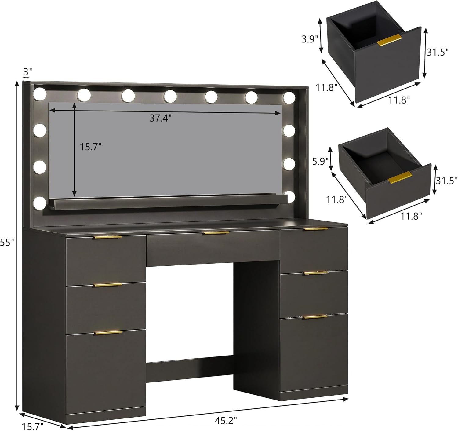 ALEXNUTRE Vanity Desk with Mirror and Lights, 45.3in Makeup Vanity with 7 Drawers & Large Mirror, Vanity with 3-Color Adjustable Lighting & Charging Station, Make Up Vanity for Bedroom