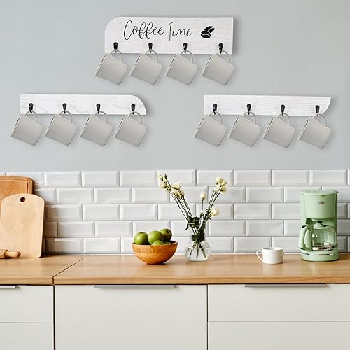 Miniatura 2 de Soporte para tazas de café de madera maciza montado en la pared, estante rústico para tazas con 12 ganchos, gran espacio para tazas grandes para