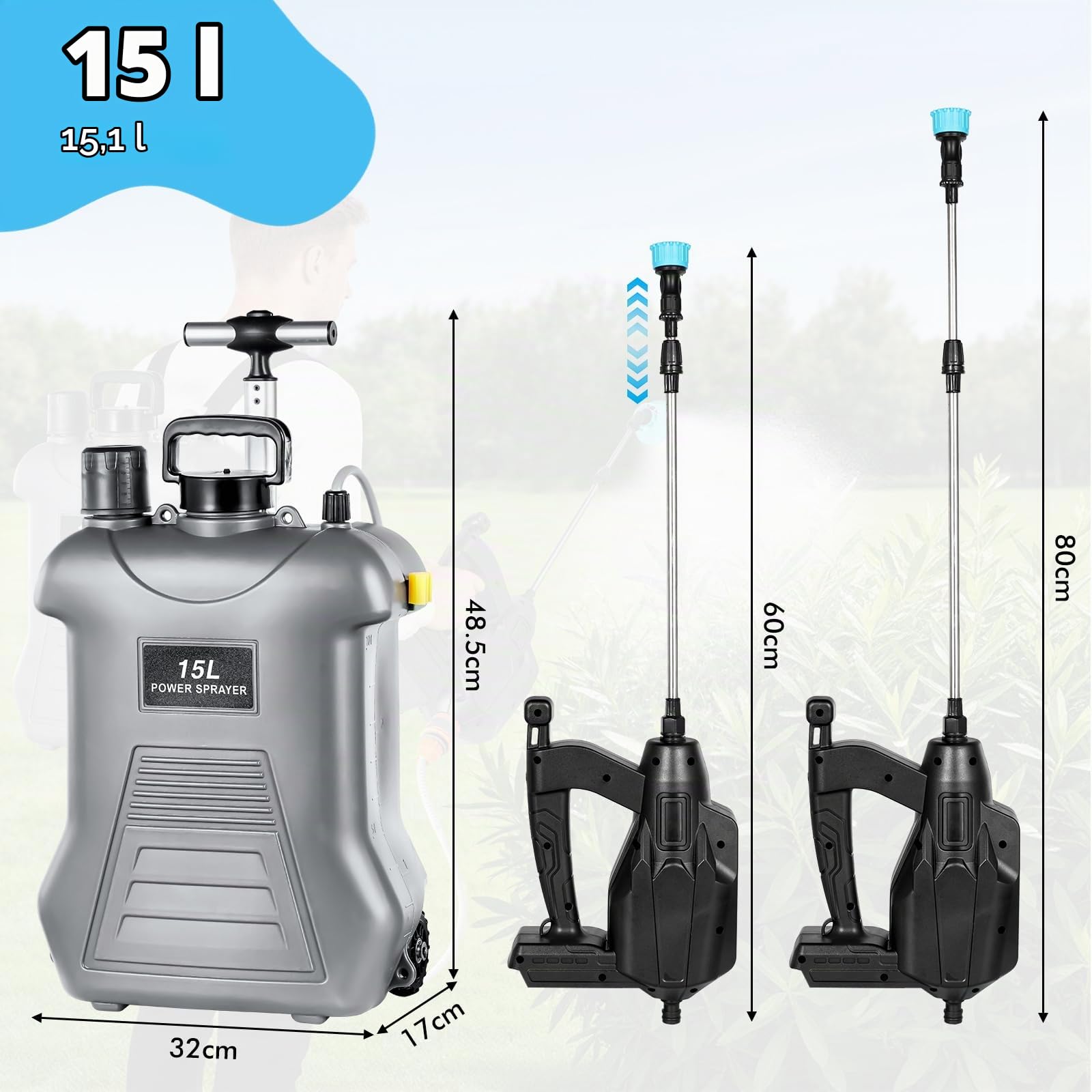 Pulvérisateur Électrique à Batterie 15L sur Roues, Pulvérisateur de Jardin à Dos Compatible avec Batterie 18V, 3 Vitesses de Pression, Lance Télescopique en INOX pour Désinfection et Arrosage