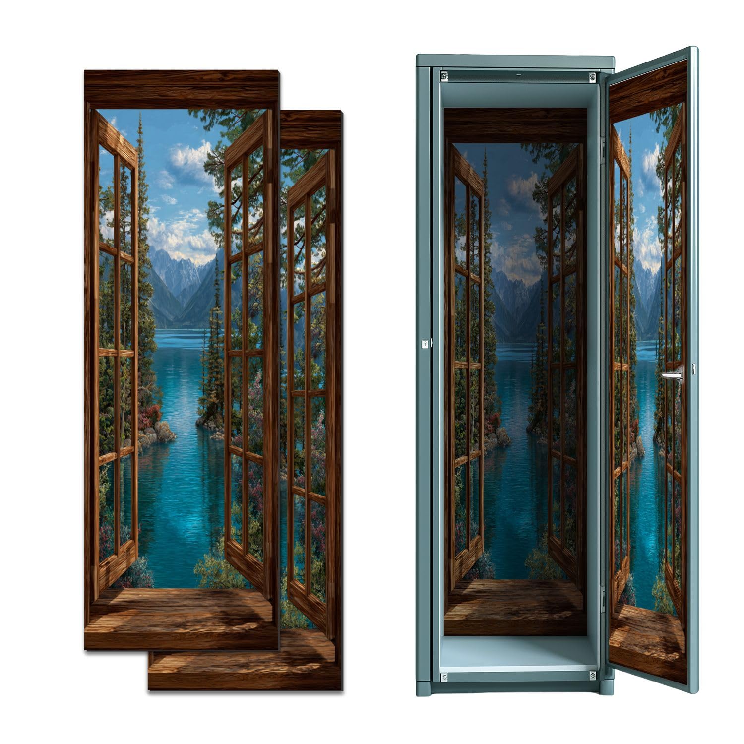 2 Pcs Locker Magnetic Wallpaper Fake Window Windows Open Nature Wall Forest Lake Scene 12" x 36" Wall Magnetic Sticker Removable Locker Accessories Decor Easy Install for Office School