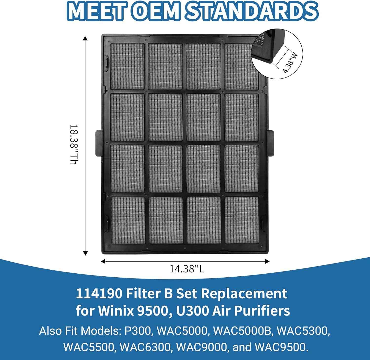 114190 Filter B Replacement for Winix 9500, U300 Air Purifiers, 3-in-1 Fine Pre, True HEPA, and Activated Carbon Filter, Black
