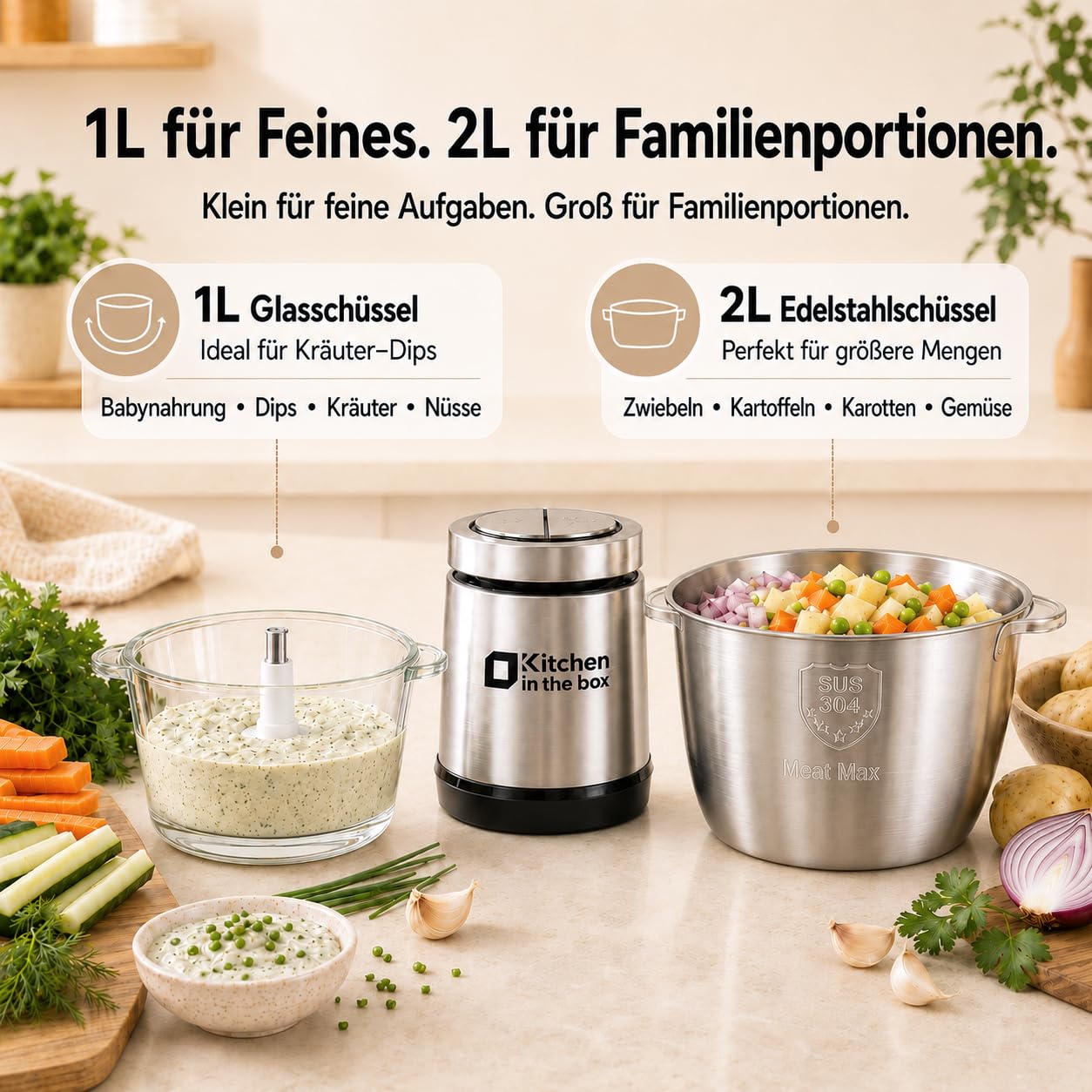 Kitchen in the Box Zerkleinerer küche Elektrisch mit 2 Schüsseln (1L Glasschüssel+2L Stahlschüssel),400W Multizerkleinerer fleischwolf mit 2 Bi-Level Klingen für Fleisch,Babynahrung,Obst,Gemüse