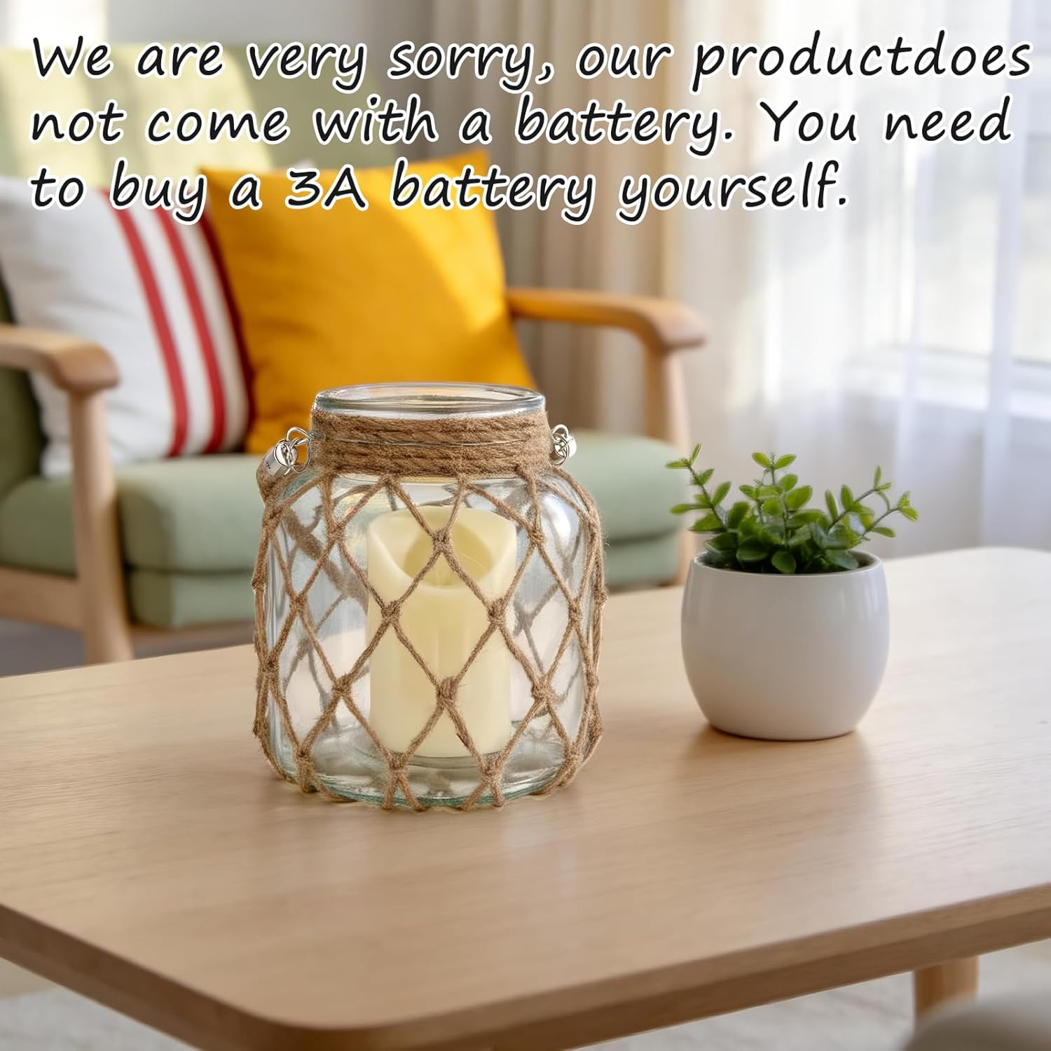 Nautical Candle Lantern with Rope, Wrapped Glass Jar and LED Flameless Candle (No Batteries Included), Decorative Table Centerpiece and Beachy Home Decor (5.6" x 5.6" x 6.8")