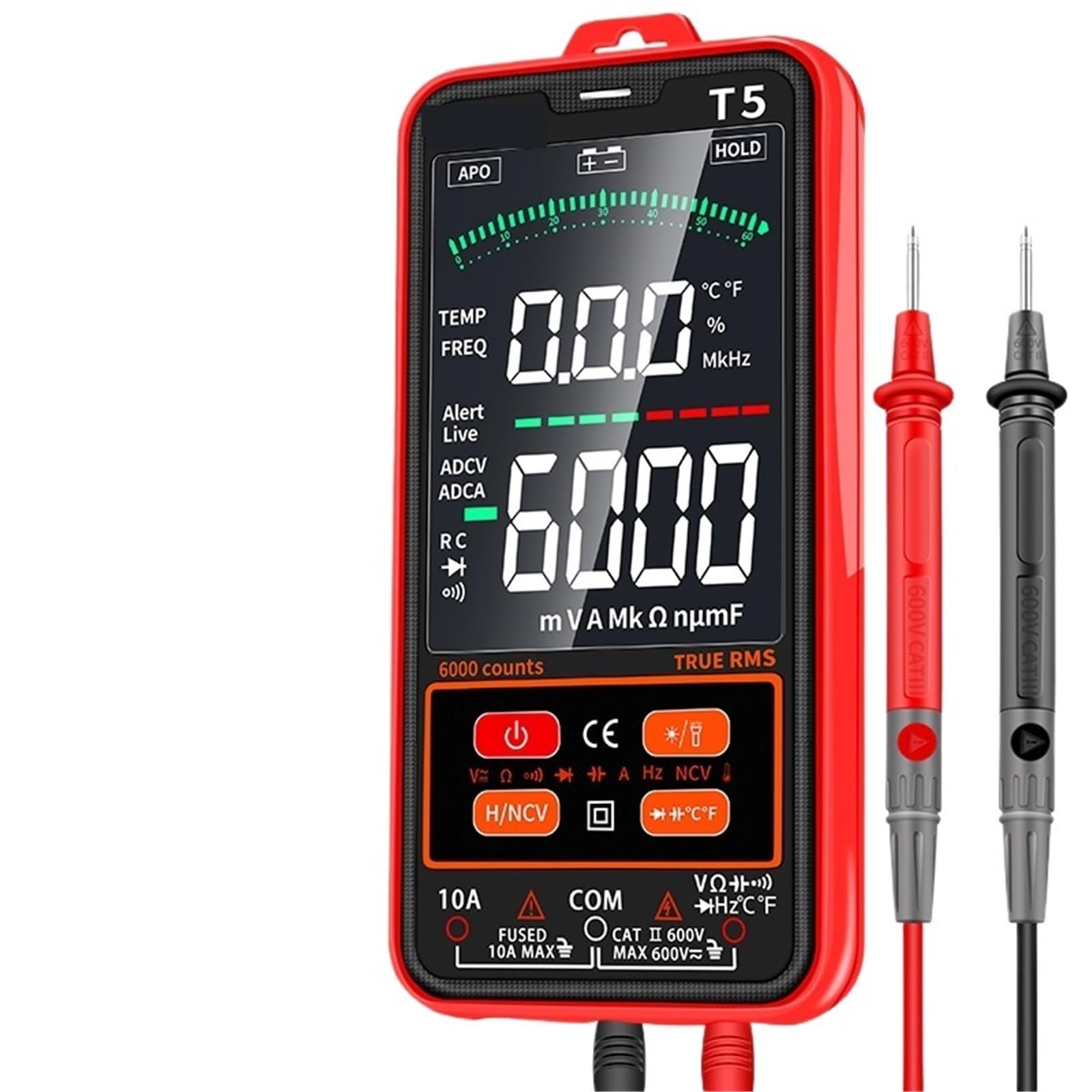 1 pz Multimetro AC 600V Tensione 10A Corrente Vero RMS Multimetro 6000 Conteggi Ohm Tester Elettricista Professionale(T5 backlit screen)