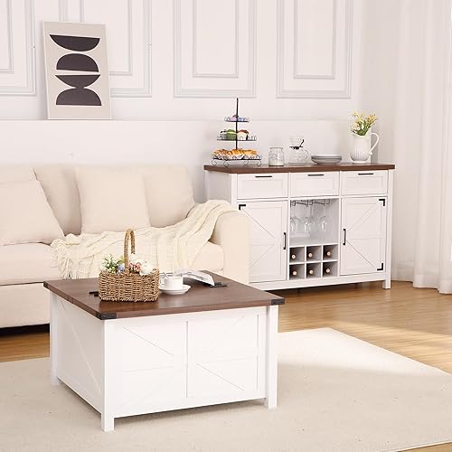 Miniatura 8 de Armario tipo bufé de granja, 48 pulgadas con 3 cajones, 2 puertas de granero, estante para vino y vidrio, estantes de almacenamiento, armario de bar