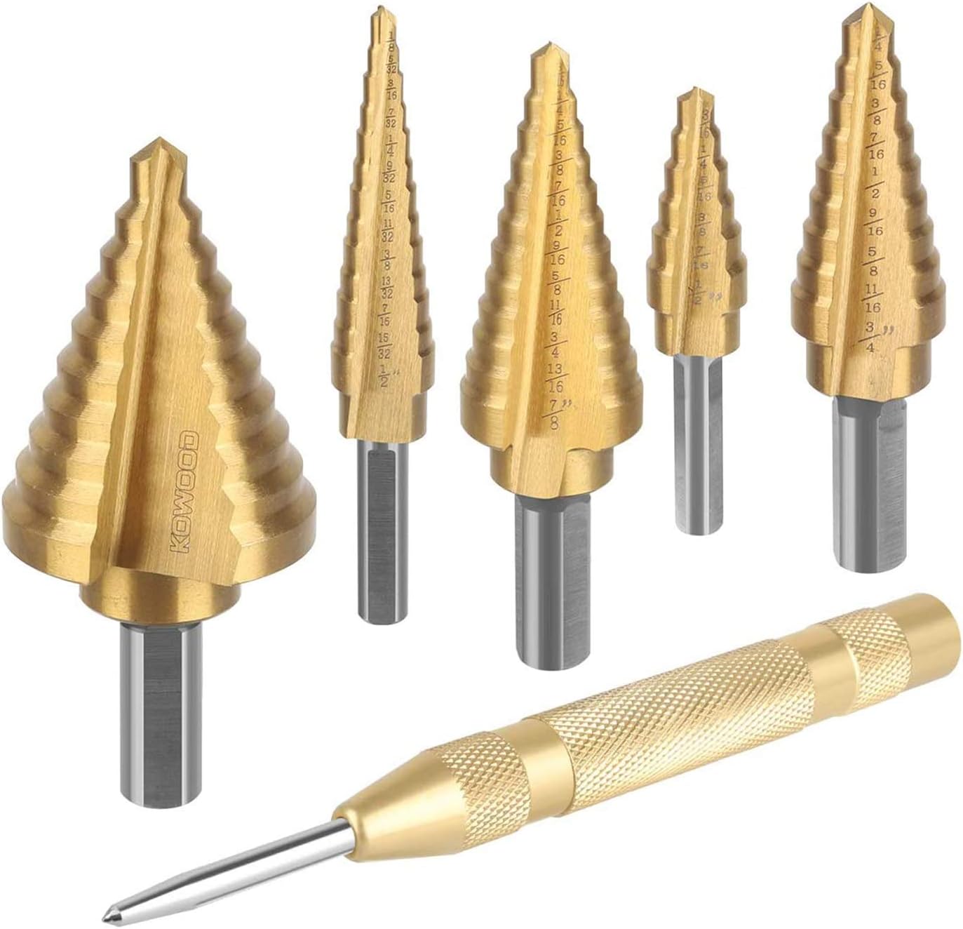 KOWOOD HSS Step Drill Bit Set & Automatic Center Punch 6 Pcs Set with Titanium Coated. Portable case Step Drill bits Set