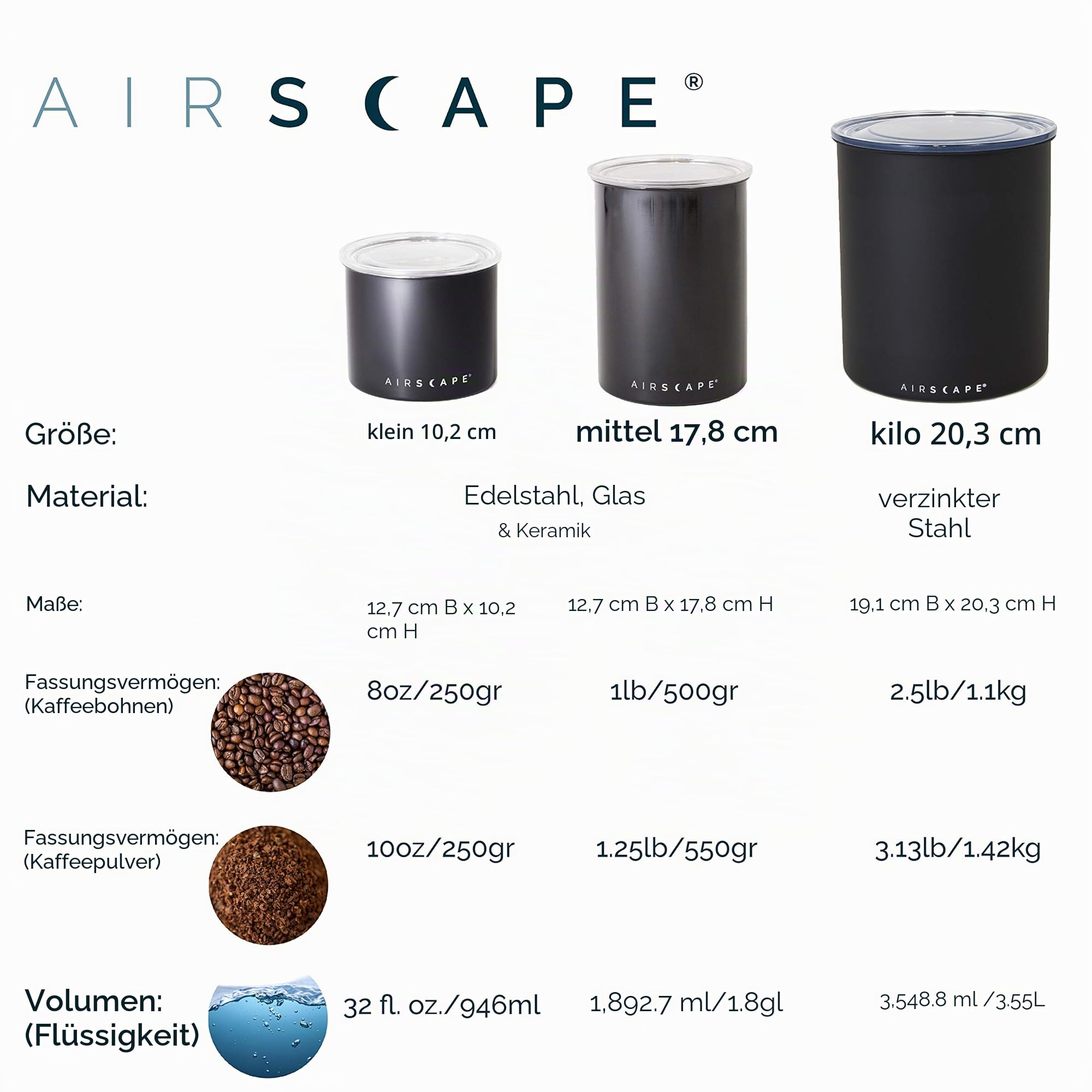 Airscape Edelstahl-Kaffeebehälter – Vorratsbehälter für Lebensmittel – Patentierter luftdichter Deckel – Erhaltung der Lebensmittelfrische durch überschüssige Luft (klein, mattschwarz)