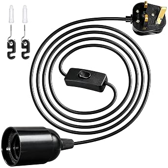 E27 Plug in Pendant Light, Ceramic lampshade, 1.8m5.9ft Extension Cord with On/Off Switch, UK 3-Pin Plug, DIY Pendant Light Fitting for Hanging Lamps, Includes Hooks & Screws Black