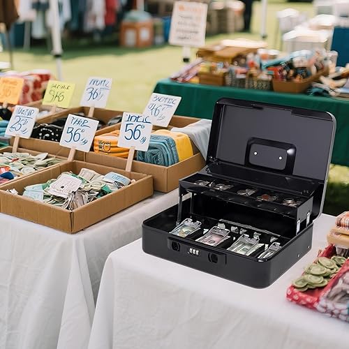 Miniatura 8 de Jssmst Caja de efectivo con tapa deslizante para monedas y cerradura de combinación de pestillo a presión, caja de dinero portátil con bandeja de