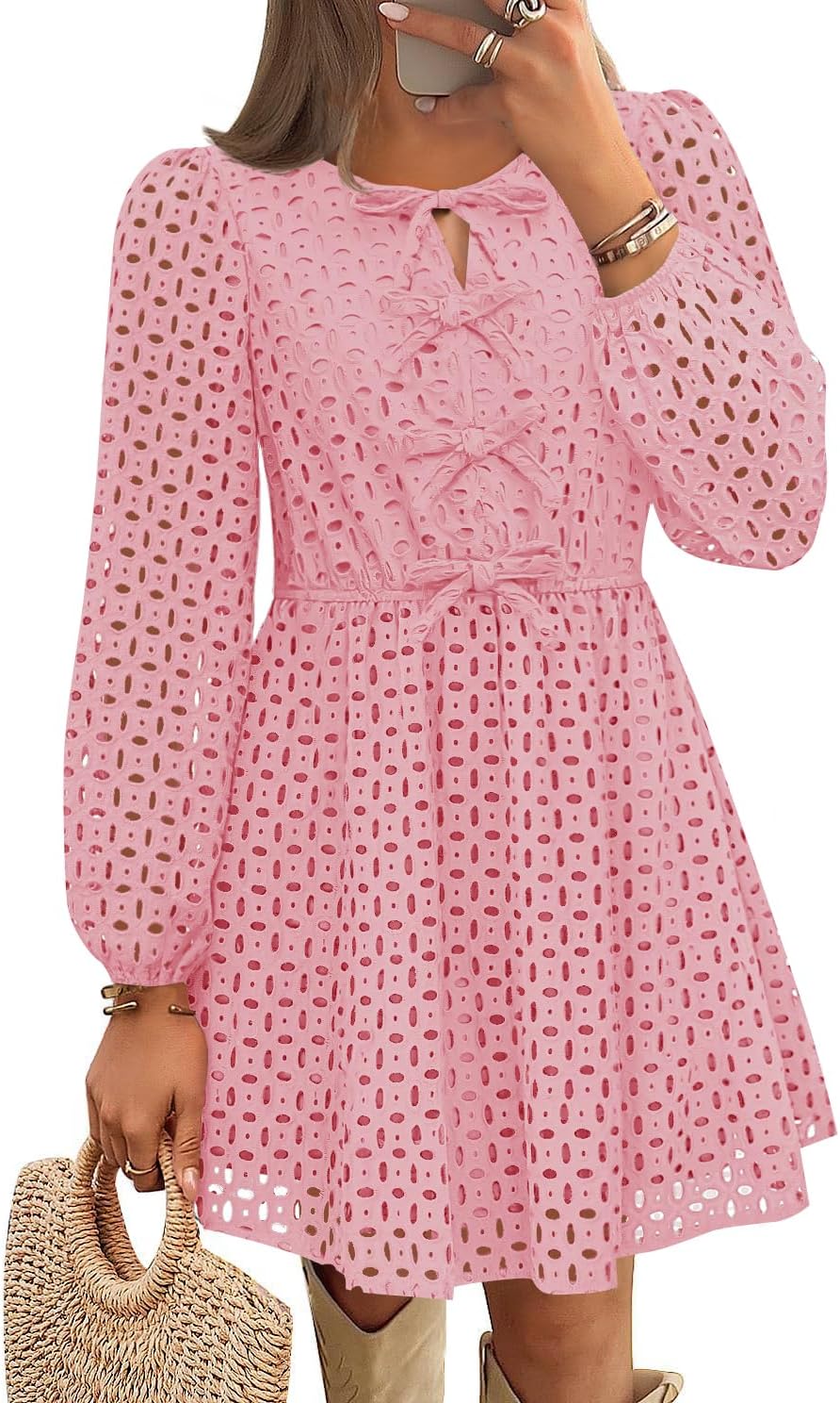 ZESICA Women's Long Sleeve Mini Dress 2025 Fall Crewneck Tie Front Hollow Out Eyelet Babydoll A Line Short Dresses