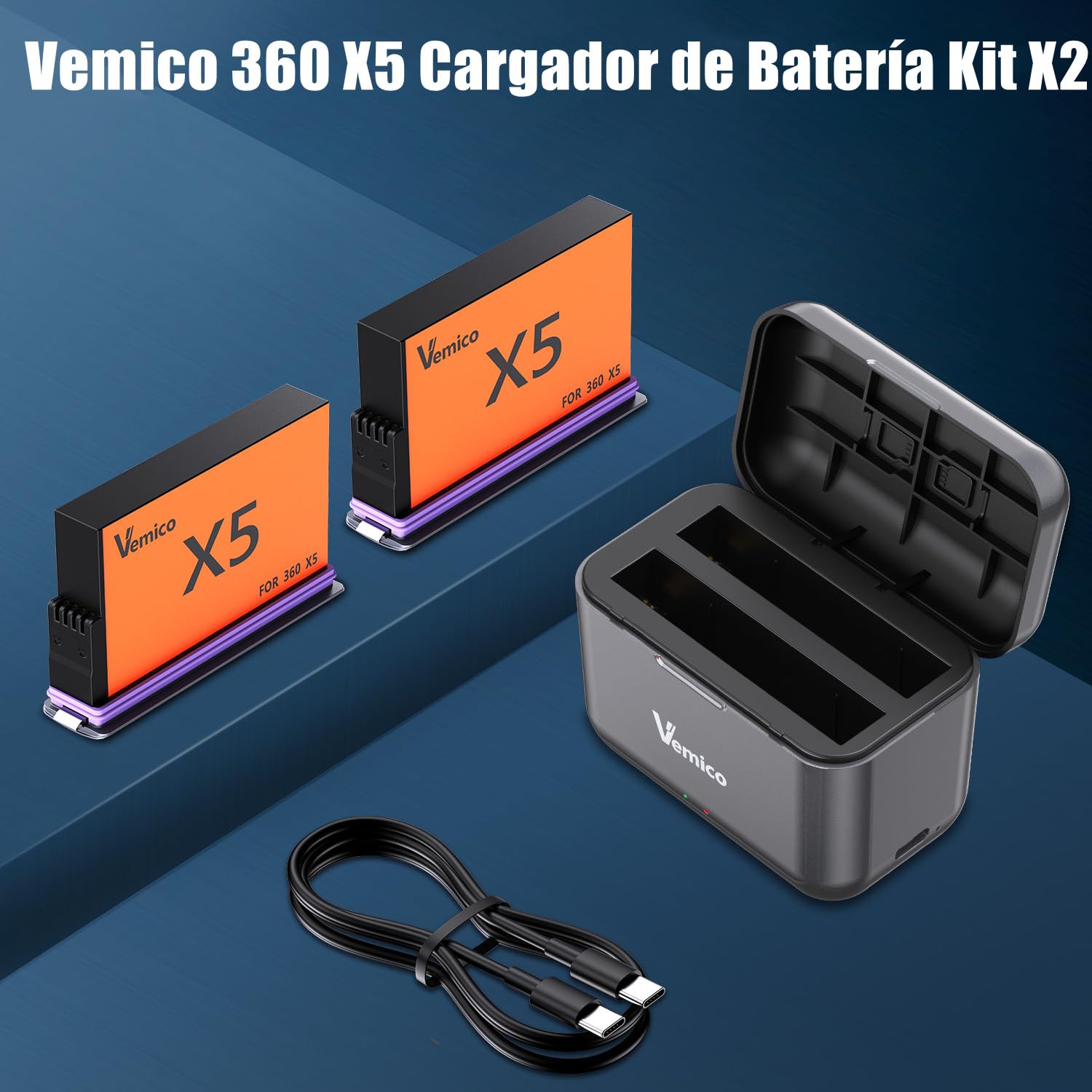 Vemico 360 X5 Cargador de Batería Kit 2 X 2800mAh 360 One X5 Baterías LED de 2-Canales Tipo-C Interfaz de Carga X5 Cargador para 360 One X5 Cámara(Atención: No es Resistente al Agua)