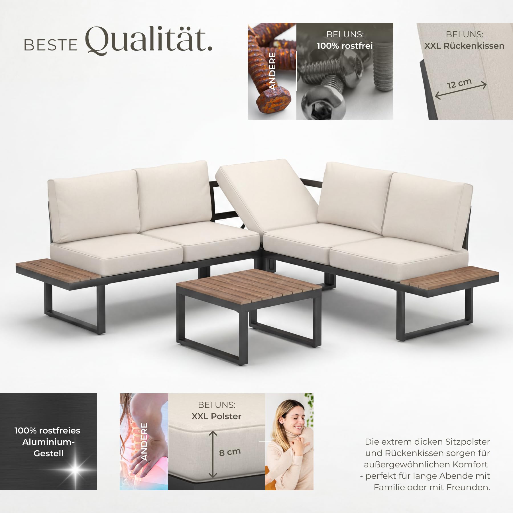tectake® Gartenlounge Set 4-teilig, wetterfest, Gartenmöbel mit Aluminium-Gestell und Polywood-Tisch, verstellbare Rückenlehne, Gartenmöbel Set mit Kissen, Gartenlounge für Garten, Balkon, Terrasse