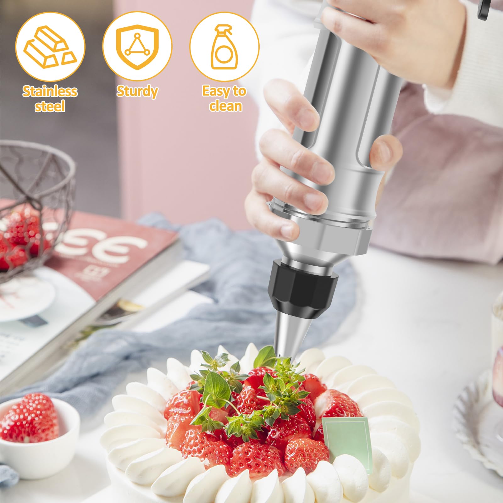 Tortenspritze Garnierspritze Edelstahl Set, Gebäckspritze mit 6 Tüllen, Wiederverwendbare Sahnespritze für Torten, DIY Cupcake Gadgets, Profi Backspritze für Cupcakes, Kuchen, Gebäck