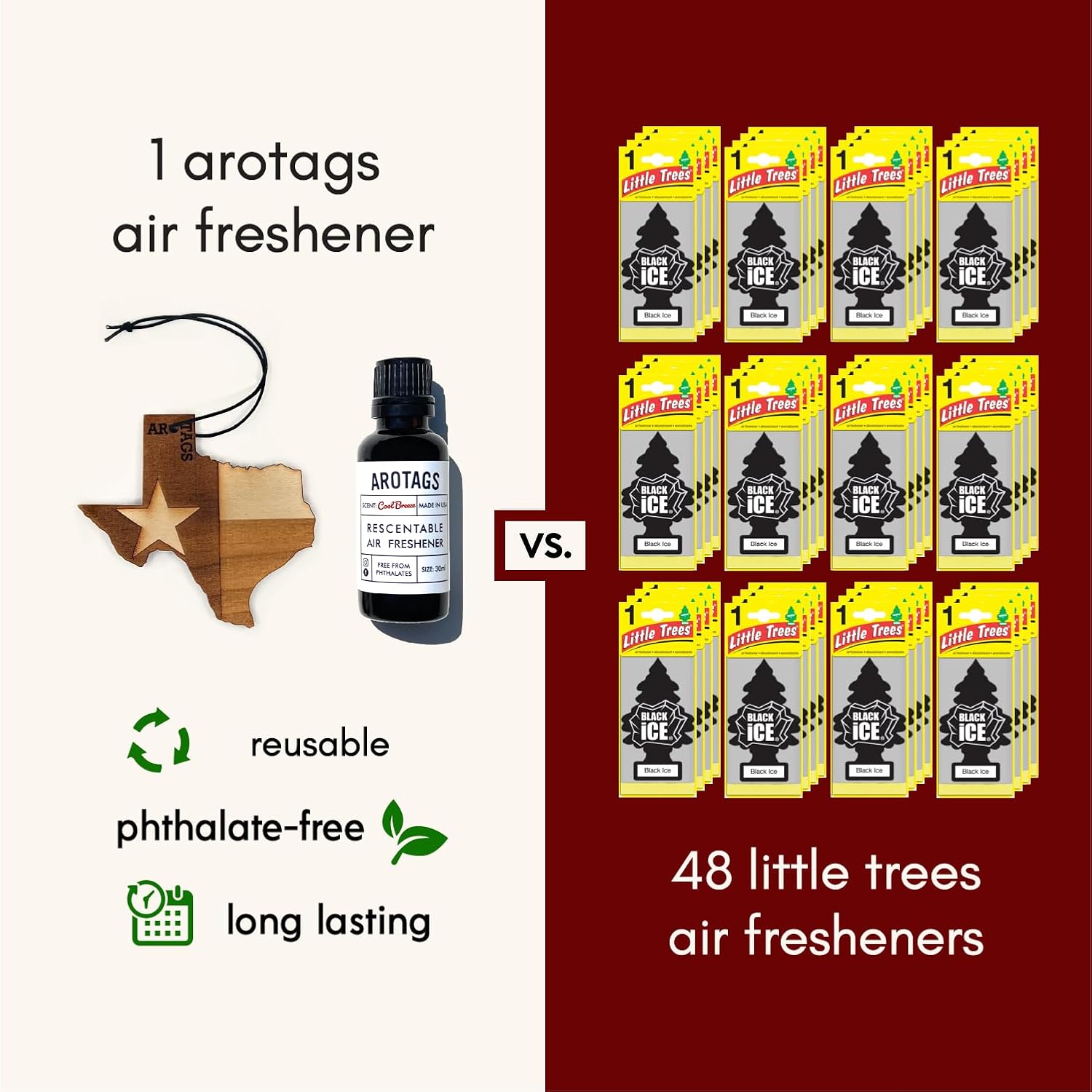 Arotags Wooden Car Air Fresheners - Long Lasting Cool Breeze Scent Diffuses for 365+ Days - Includes Texas Hanging Mirror Diffuser and Fragrance Oil - 100% American Made