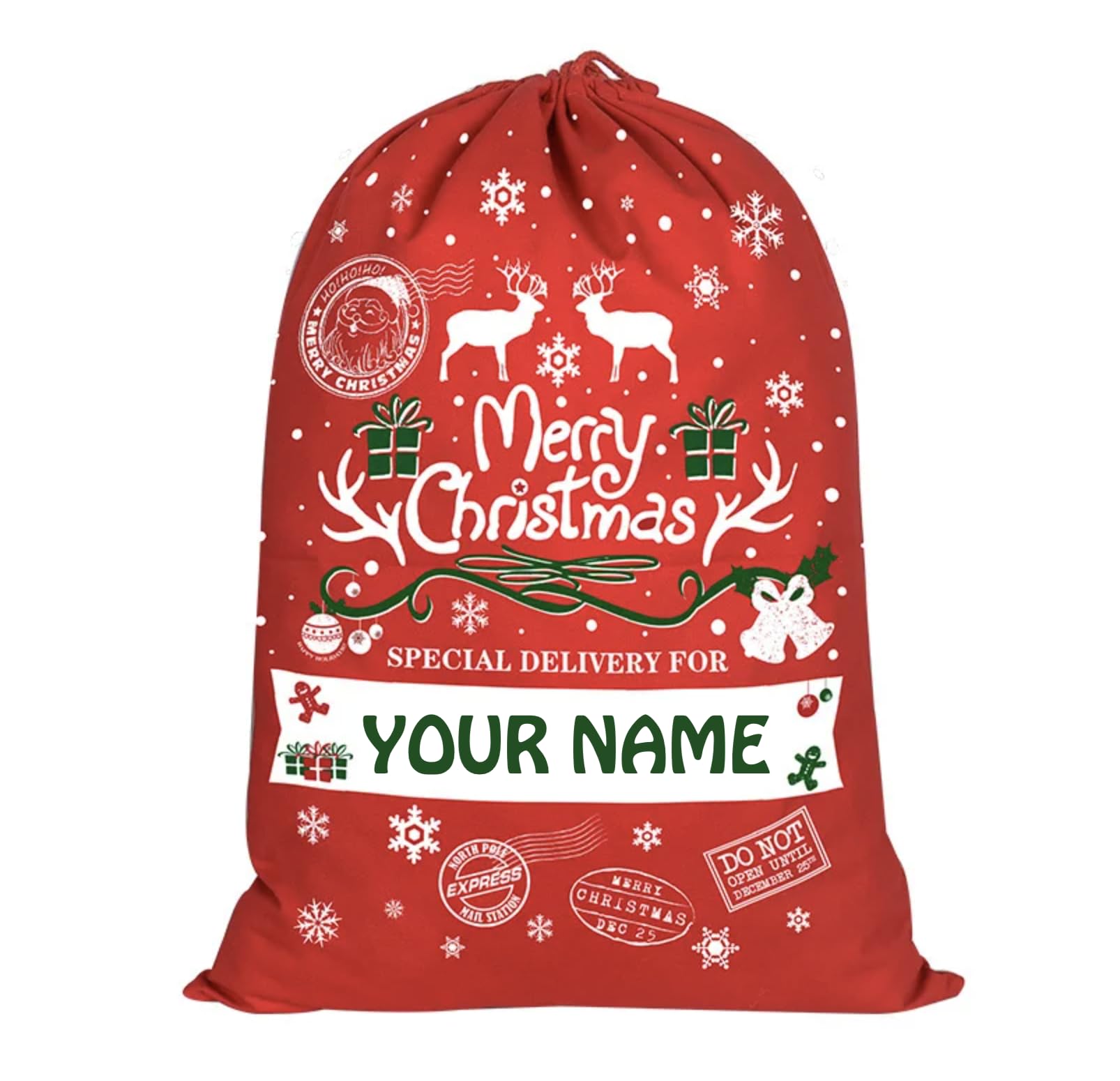 Home and Plan Personalized Christmas Santa Sack with Name (27"x 19.7") - Custom Drawstring Xmas Large Santa Gift Bags for Family - Green & Red