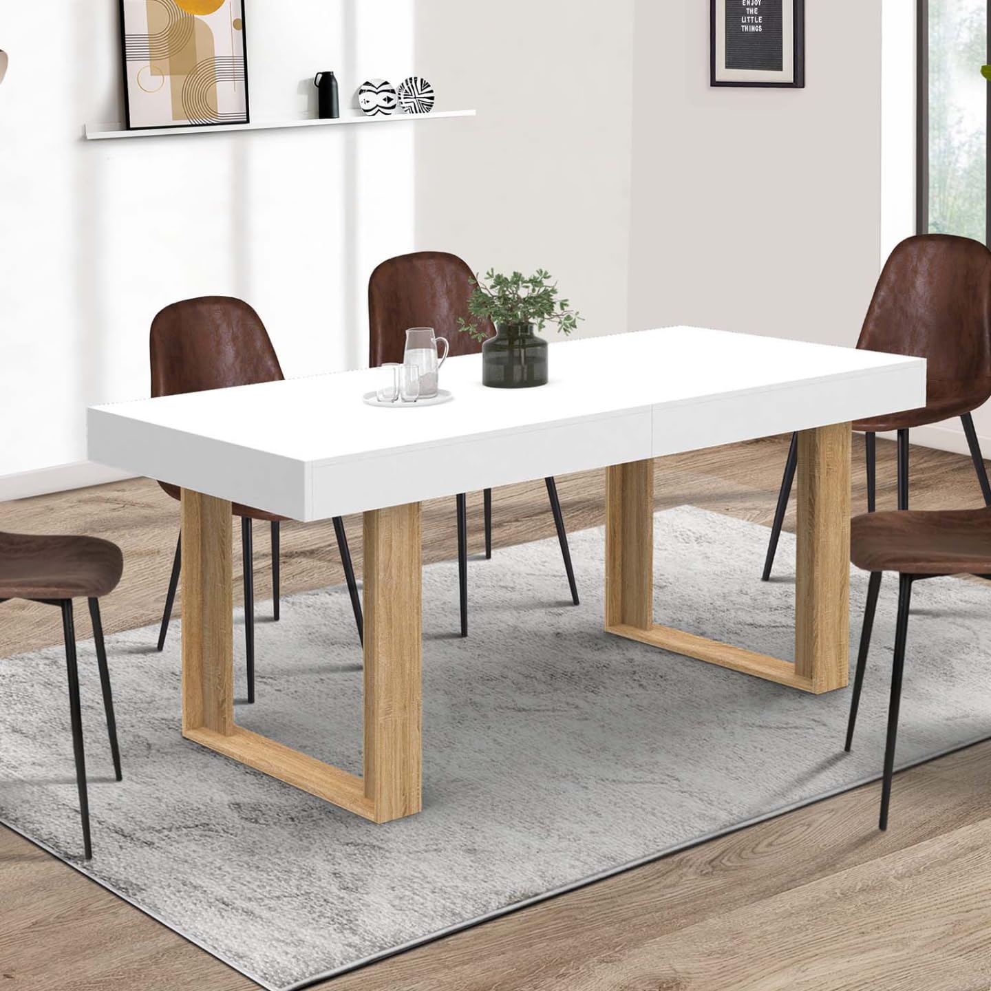 IDMarket Phoenix - Mesa de comedor extensible rectangular (4 – 8 personas), color blanco, patas de madera 160 – 200 cm)