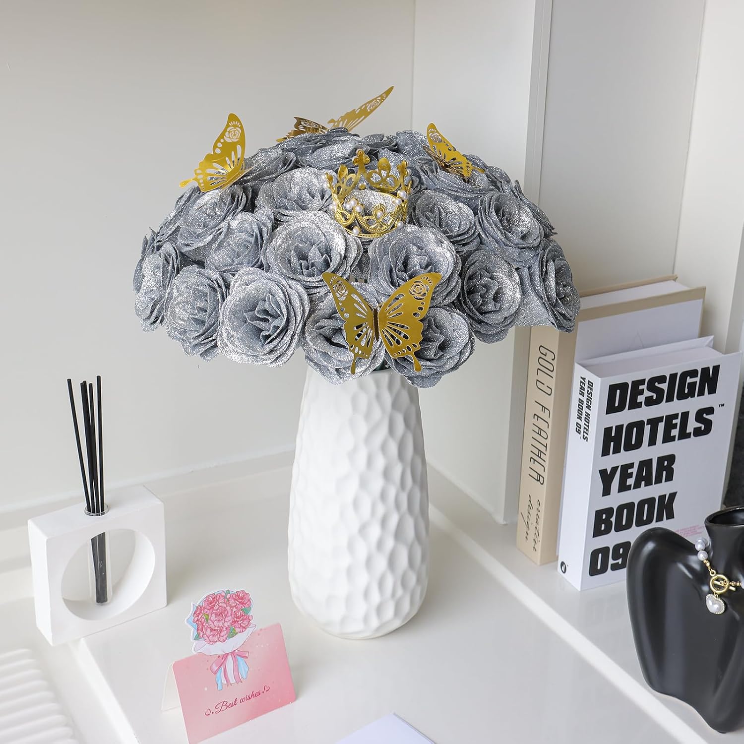 CCYXSHOW Glitter Roses Bouquet 24 Pack DIY Glitter Flowers Bouquet Kit, Fake Shiny Artificial Rose Bouquet with Crown 3D Butterfly Anniversary Birthday Wedding Gifts for Her (Silver)