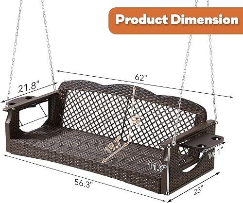Miniatura 7 de Columpio de porche de 3 asientos, columpio de mimbre para patio con portavasos y 3 cojines traseros, columpio de patio con cadenas para terraza,
