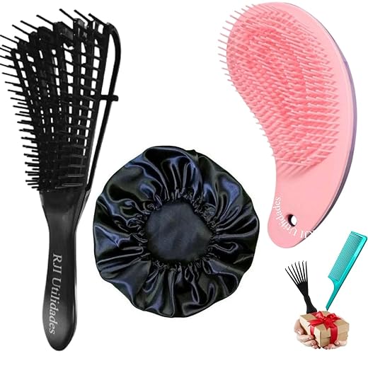 Kit Escova de Cabelo Polvo Ajustável + Escova Mágica Cerdas Duplas + Touca de Cetim com Elástico Preta + Brindes Pente Profissional e Escovinha - Anti-Frizz, Desembaraço e Finalização para Cabelos Cacheados, Crespos e em Transição