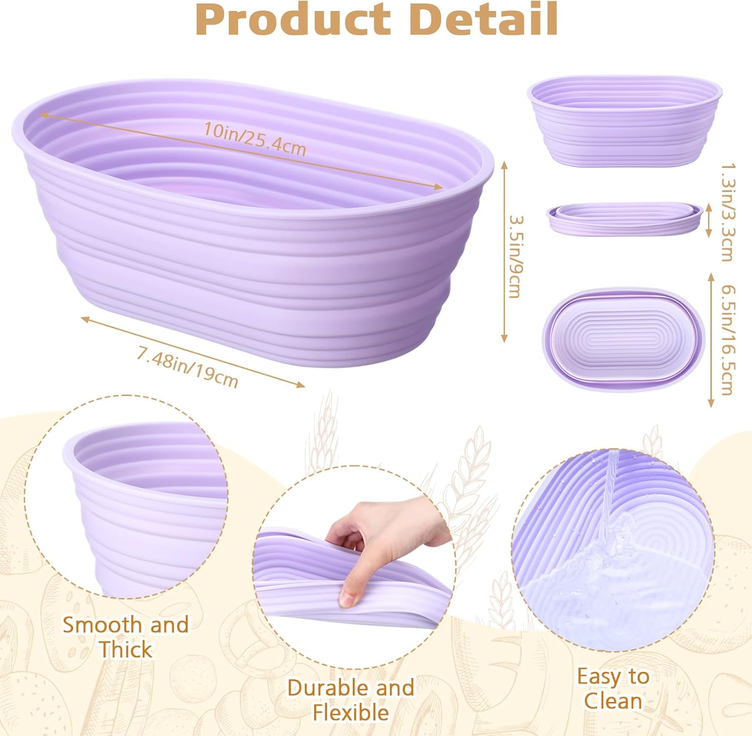 Honeydak 4 Pcs Silicone Bread Proofing Baskets Oval Banneton Basket 10 Inch Collapsible Sourdough Bread Baking Supplies Non-stick Dough Proofing Bowls Containers Oven Safe for Breads Making - Image 2