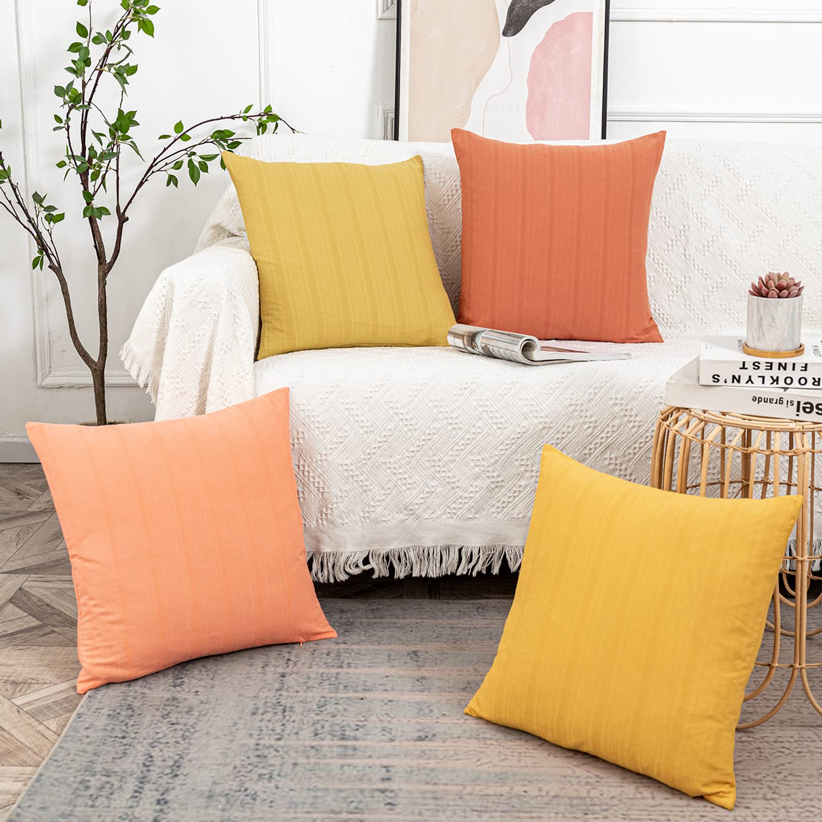 Photo 1 of *COVERS ONLY* Vfuty Decorative Colorful Throw Pillow Covers 18x18 Set of 4 Soft Cotton Linen Farmhouse Square Pillow Cover Rustic Textured Pillow Cases for Sofa Couch Bed,Mix and Match for Home Decor,Yellow Series 18 x 18-Inch Yellow