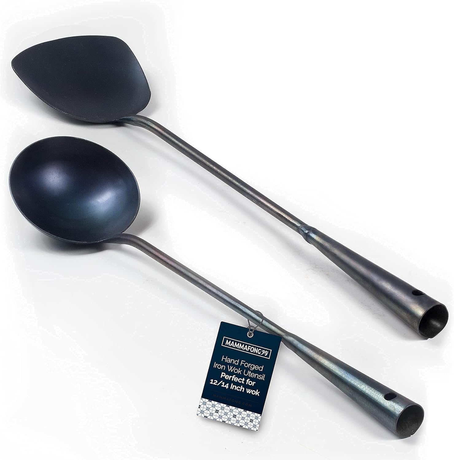 15” Long Hand Forged Carbon Steel Wok Utensil set for Wok Pan, Pre-seasoned Stir Fry Pow Wok Spatula & Ladle by Mammafong