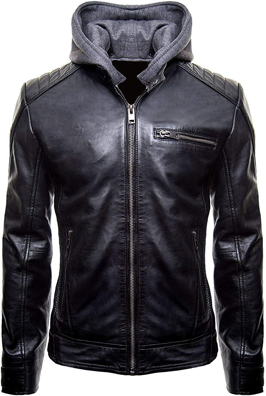 New Batman Logo Motorcycle Brando Biker Real Leather Hoodie Jacket - Detach Hood (S-42), Black