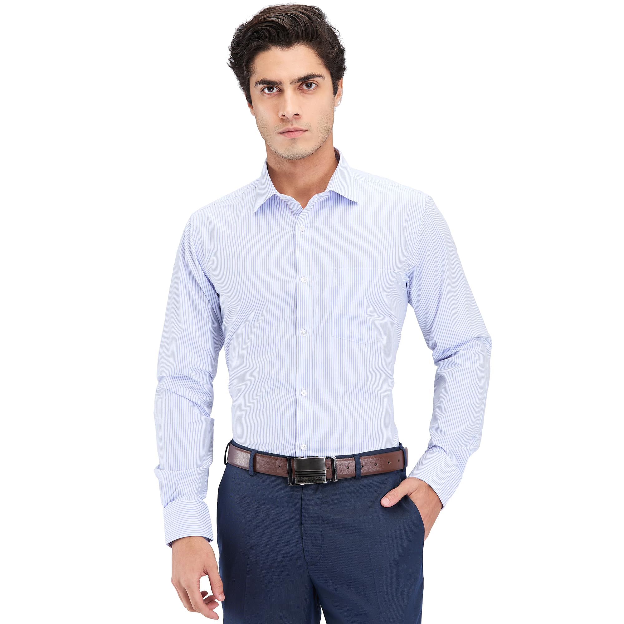 park avenue Men's Slim Fit Stripe Pattern Cotton Blend Semi Cutaway Collar Full Sleeve Formal Shirt-picture-16