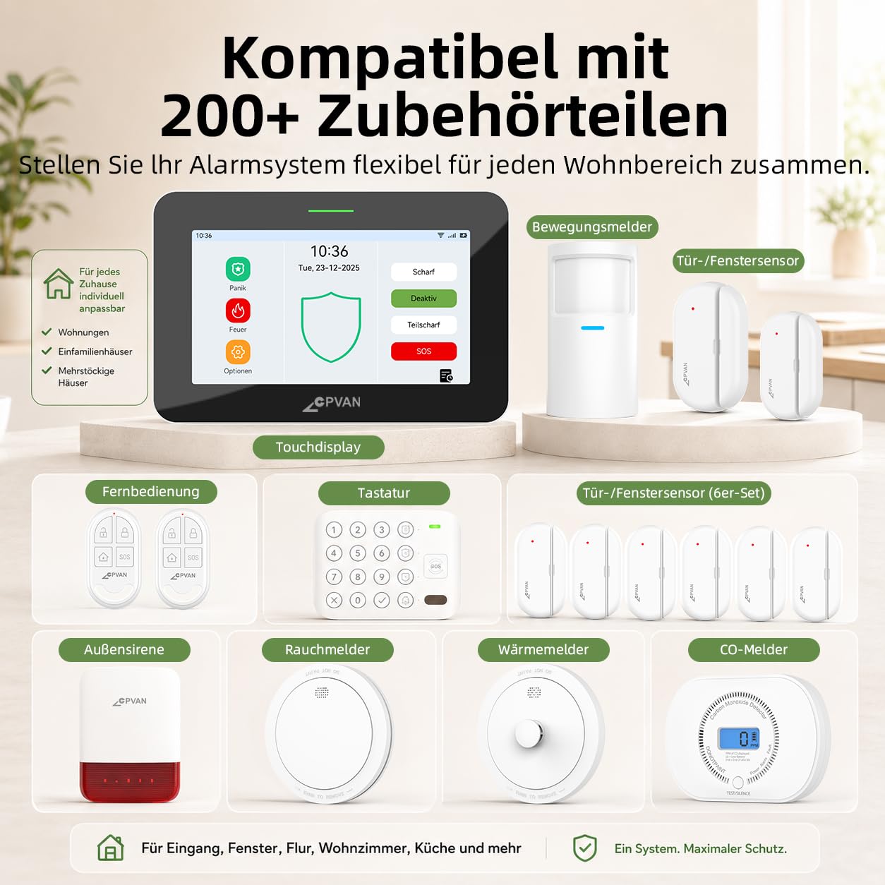 CPVAN GSM + WiFi Alarmanlage Haus mit 7" Touch Screen, Kein Vertrag Smart Komplettsysteme mit APP/SMS/Anruf Alarm, 110dB Host, Bewegungsmelder, Tür/Fenster Sensoren, Fernbedienungen, 14 Stück