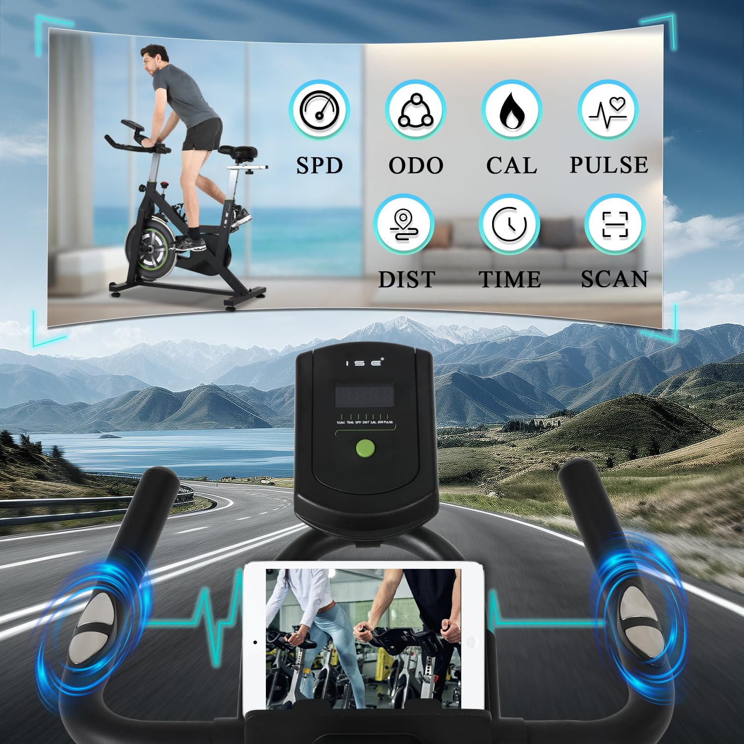 ISE Cyclette Da Casa con Resistenza Regolabile, Cyclette Per Casa con Sensore di Impulso, Porta Celullare, Ruote di Trasporto, Ciclette Per Casa, Cyclette Professionale Sedile e maniglia regolabil