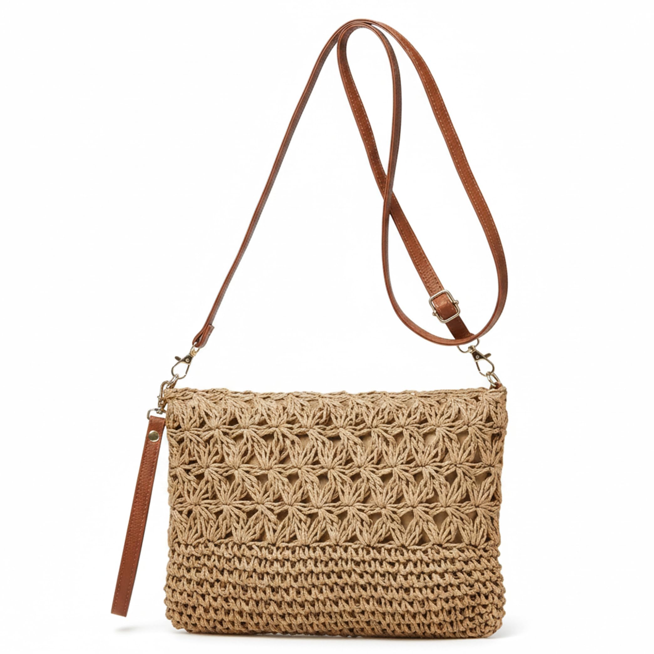 Straw Bag, Straw Beach Bag Handwoven Cutout Cross-stitch Raffia For Women Camel Crossbody & Wrist Bags..