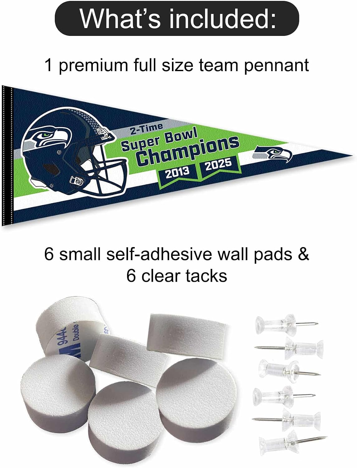 Seattle Seahawks Super Bowl LX and 2 Time Champions Pennant Banner and Wall Tack Pads