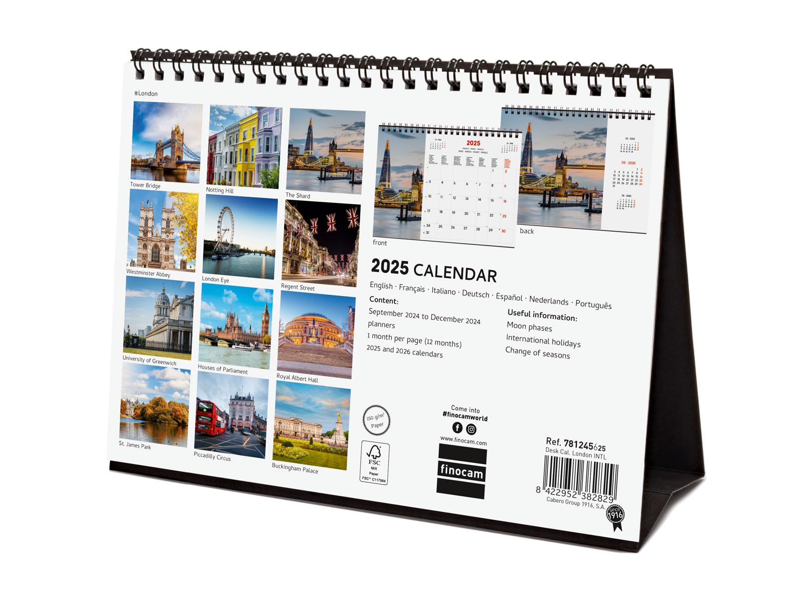 Finocam - Kalendarz Obrazy Biurkowy Międzynarodowy 2025 Widok Miesiąca styczeń 2025 - grudzień 2025 (12 miesięcy) London Międzynarodowy