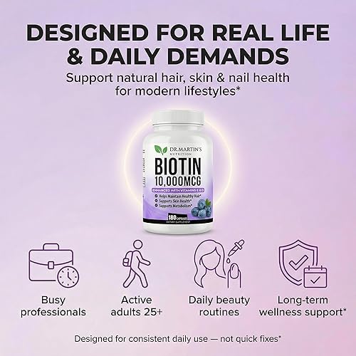 Miniatura 8 de Potente biotina (vitamina B7) 10,000 mcg con suplemento de vitaminas D y E | 180 unidades | Cabello, piel y uñas | Para un crecimiento del cabello