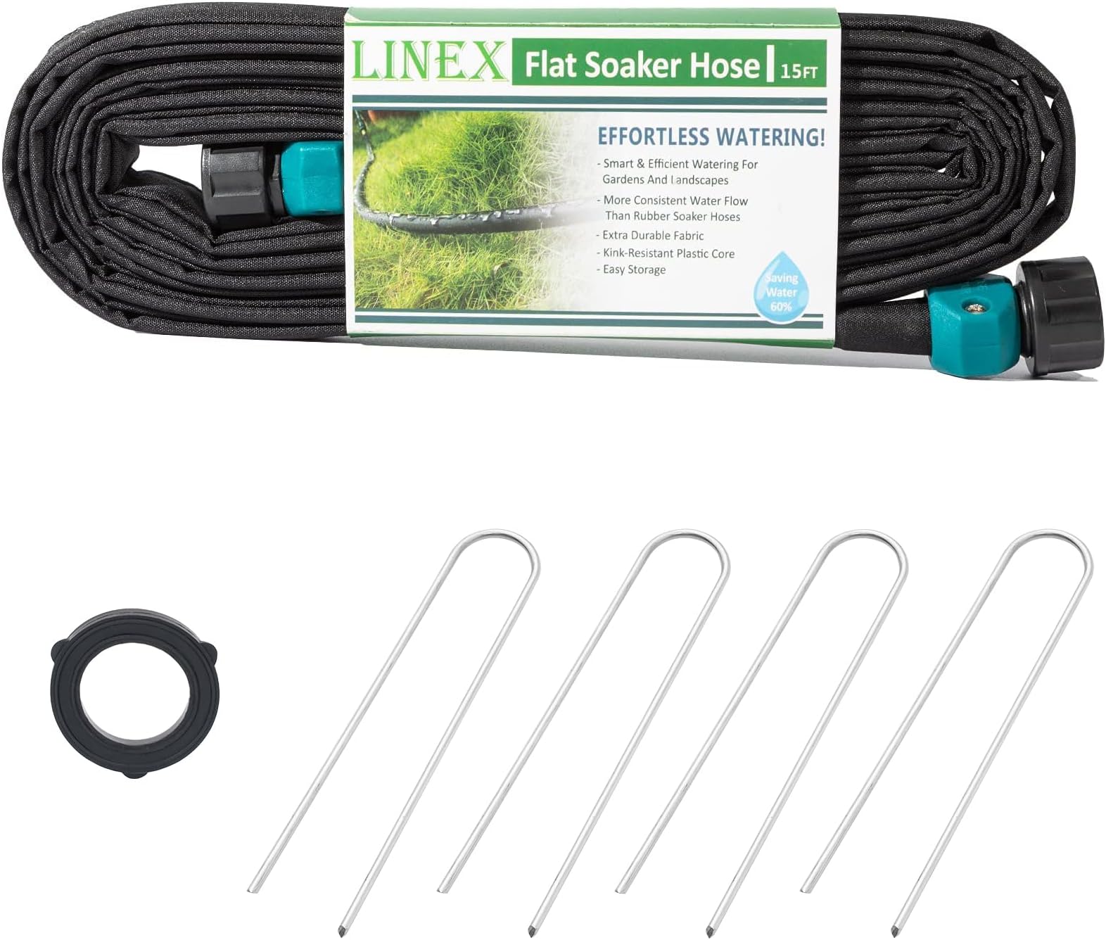 LINEXGarden Flat Soaker Hose 1/2" x 15 ft with Stake for Garden Beds Drip Irriagtion Hoses Heavy Duty Save Water 80%