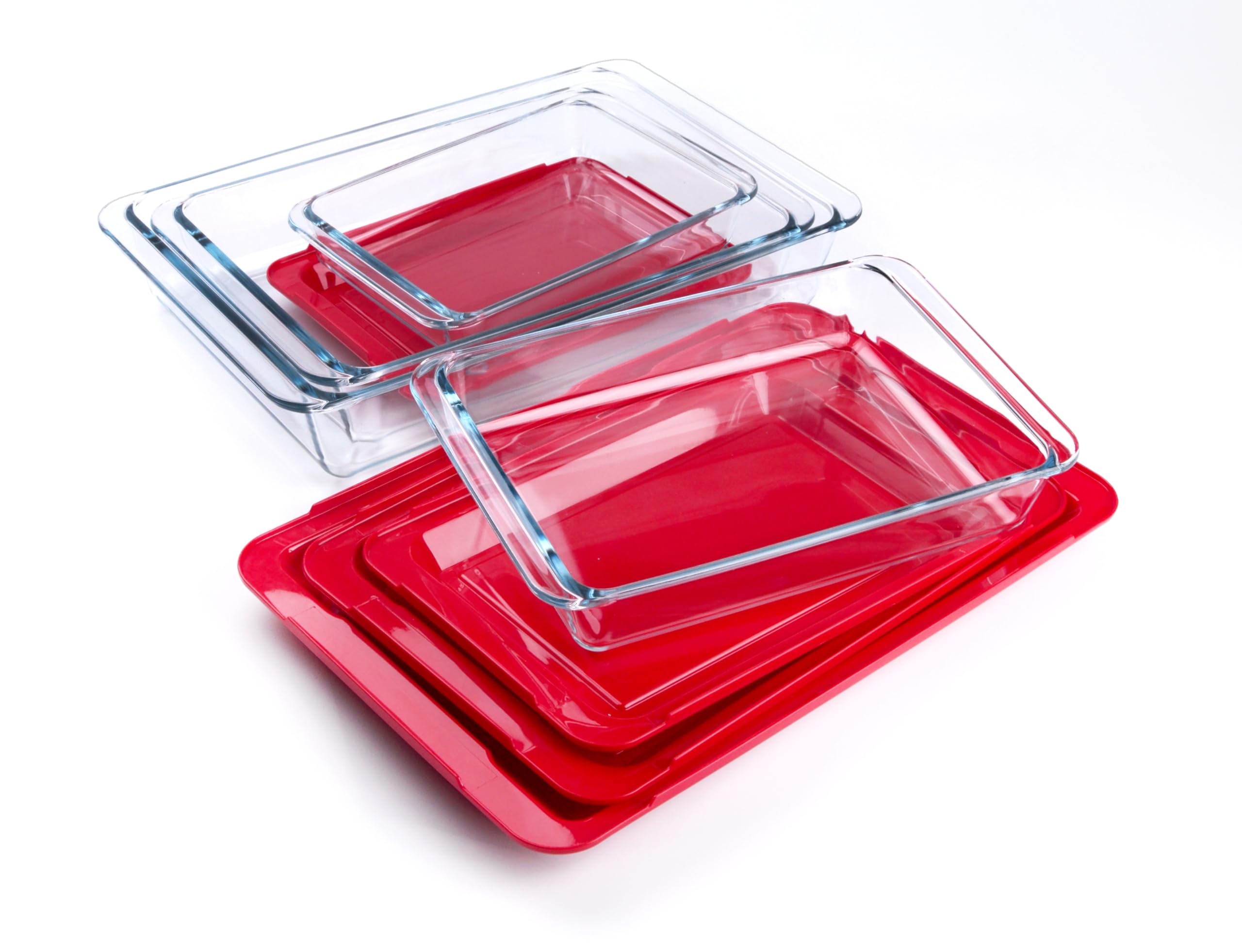 Set mit 8 rechteckigen Backformen aus gehärtetem Glas mit Deckel, Glas-Backformen, Auflaufform, Set mit Deckel, 1 l, 1,7 l, 2,8 l, 4,2 l