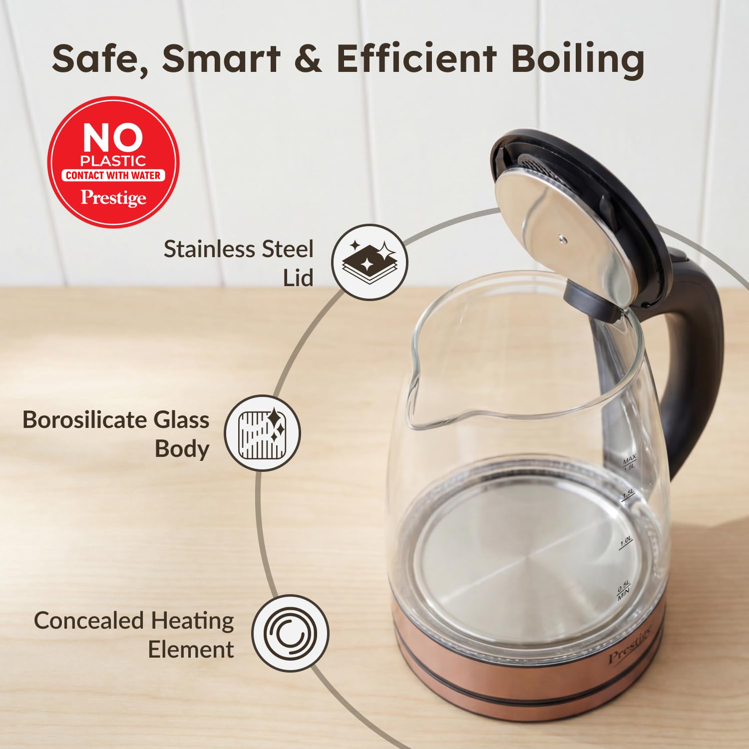 Prestige PKGB 1.8 Litre Electric Glass Kettle| LED Power Indicator| Borosilicate Glass| Automatic Power Cut-Off| Concealed Element| 360 Degree Swivel| Cool Touch Handle, 1350 Watts, Transparent 3