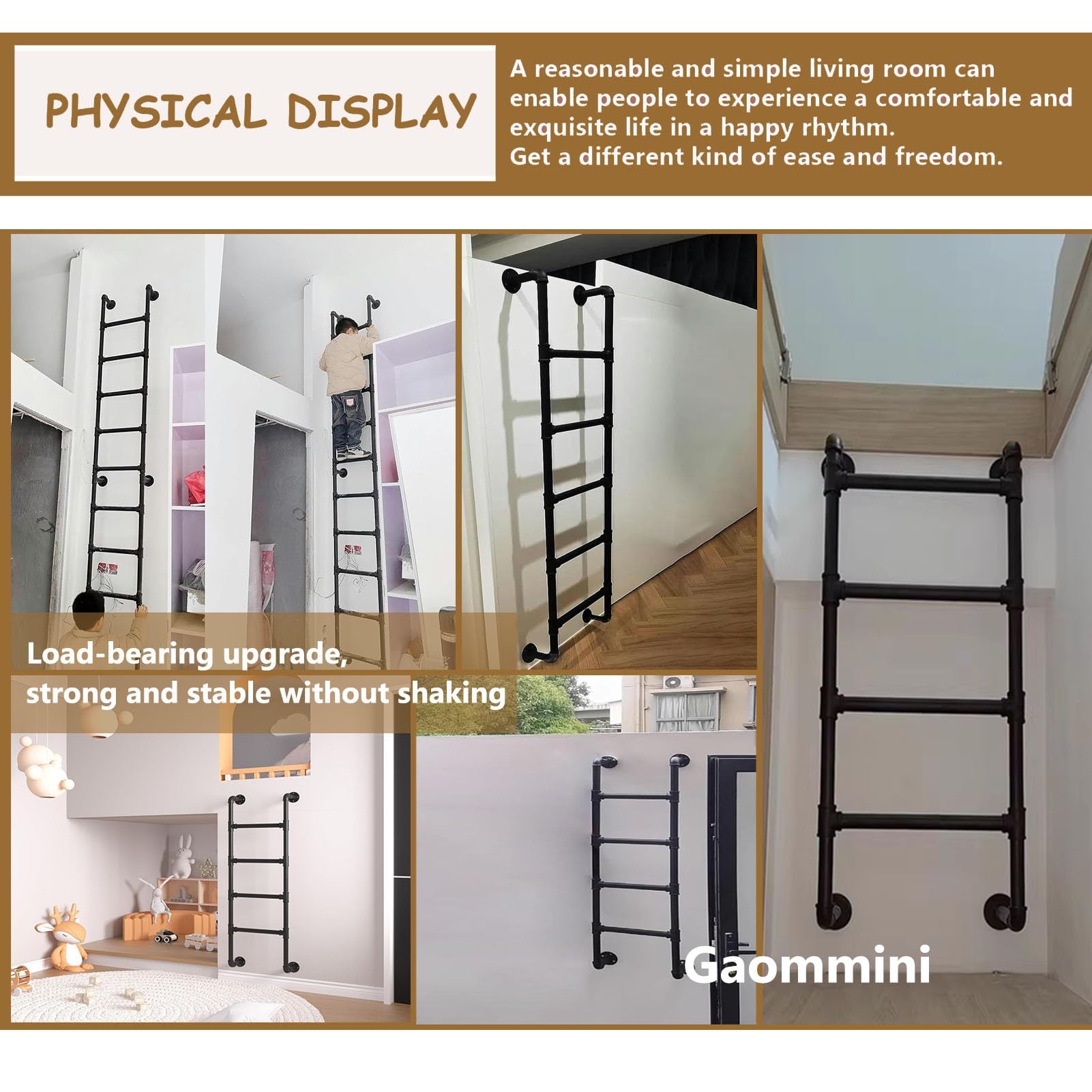 Yopappol Wall-Mounted Attic Ladder – 4ft To 8ft Height, Wrought Iron, 330 Lbs Capacity, Bunk Bed, Garage, RV, Library, Egress