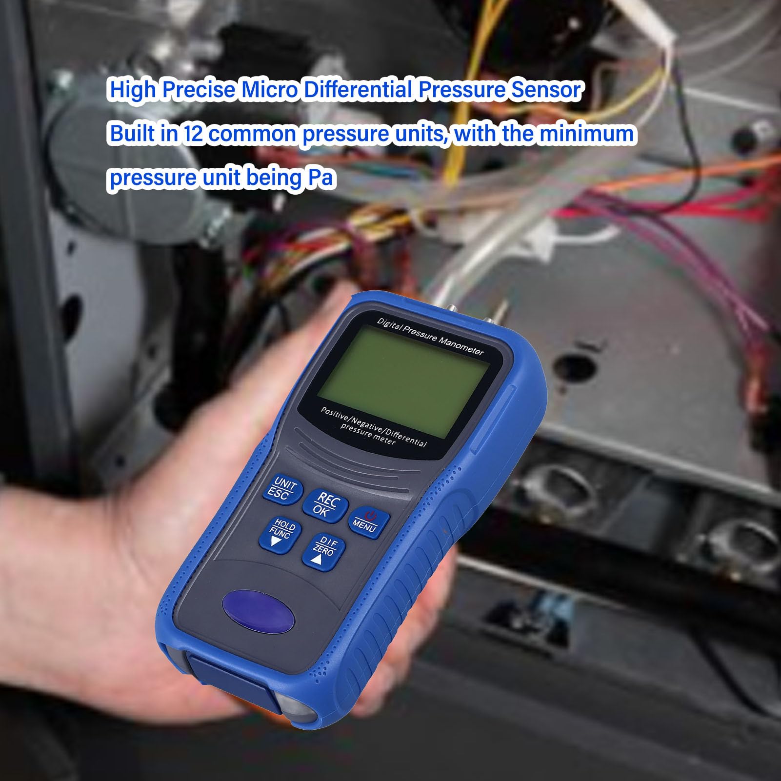 Manómetro de presión diferencial digital Manómetro de pantalla LCD de alta precisión Medición de 12 unidades con alarmas personalizables para sistemas HVAC Prueba de flujo